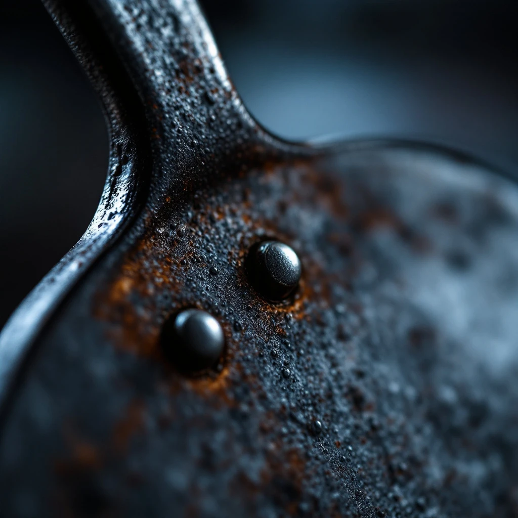 Triple-riveted carbon steel handle detail